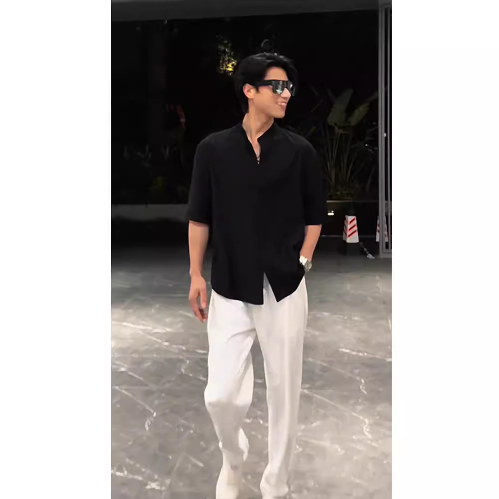 Lushangshuai High-end Designer Short Sleeves Black Ice Silk Stand Collar Three-quarter Sleeve Shirt Men's Cool Draped National Style Short Sleeve