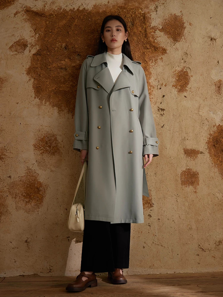 DUSHU Classic British Style Mid Length Trench Coat Autumn Retro Style Jacket For Women Grey Casual Loose Women Trench 250703