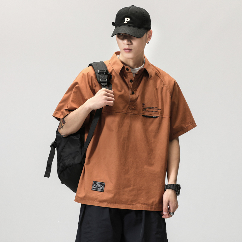 Japanese Style Handsome Workwear Polo Collar Shirt Men Summer American Designer Short Sleeves Retro Short Sleeve T-shirt Trendy Brand Turn-down Collar
