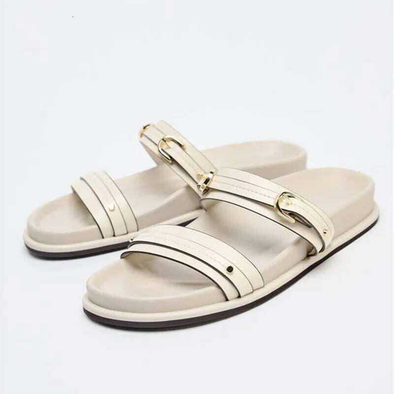 White Metal Buckle Designer Slippers Women Summer Comfortable Non-Slip Slide Soft Bottom Flip-Flops Beach Flat Sandals