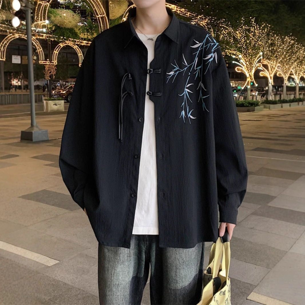 Chinese Style Green Bamboo Embroidery Long Sleeve Shirt For Men Engagement And Marriage Certificate Outfit New Chinese Designer Short Sleeves Style Sp