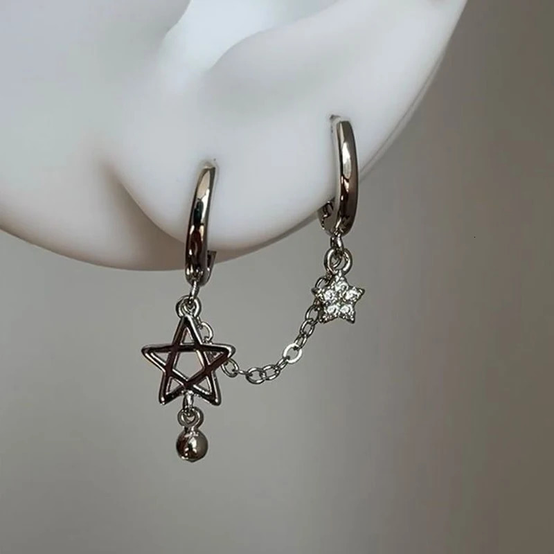 1PCS Silver Color Star Chain Double Ear Hole Ear Bone Nail Y2K Fashion tie Earrings For Women Jewelry 250701