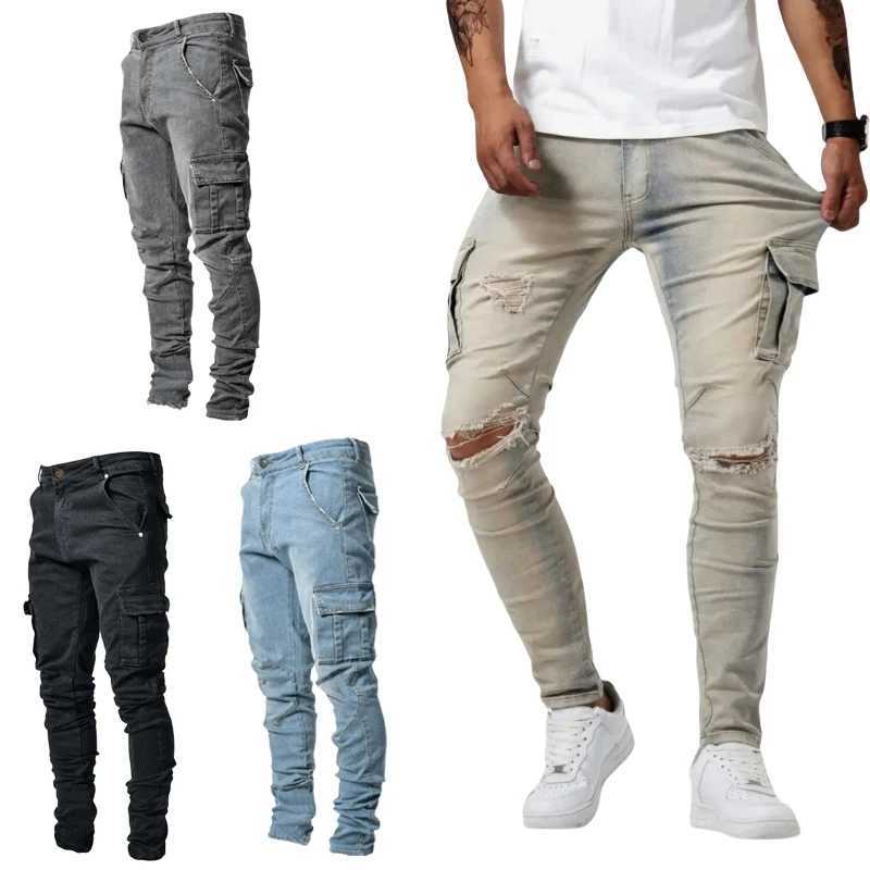 Men Elastic Skinny Jeans Casual Denim Pants Slim Fit Trousers Multi-Pocket Black Jeans Solid Cargo Pants Streetwear Mens Clothing XJ250707