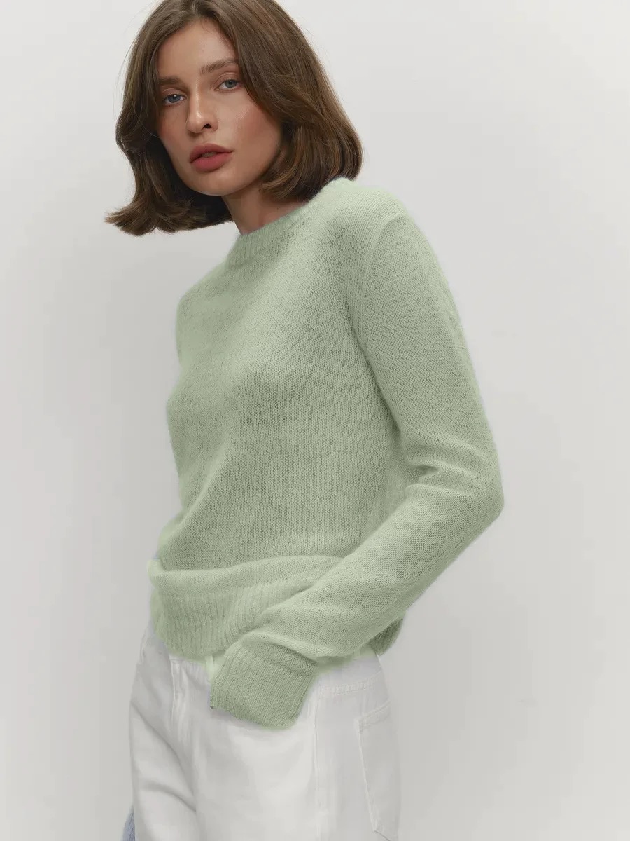 European Style Womens Sheer Mohair Top Soft Hazy Knit Crewneck Pullover
