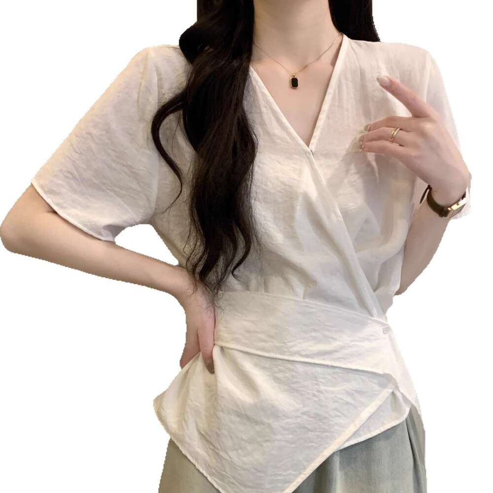 Cloud Wrinkle Short Sleeve Shirt For Women Summer New Large Size Belly Covering Irregular Waist Slimming Top B5
