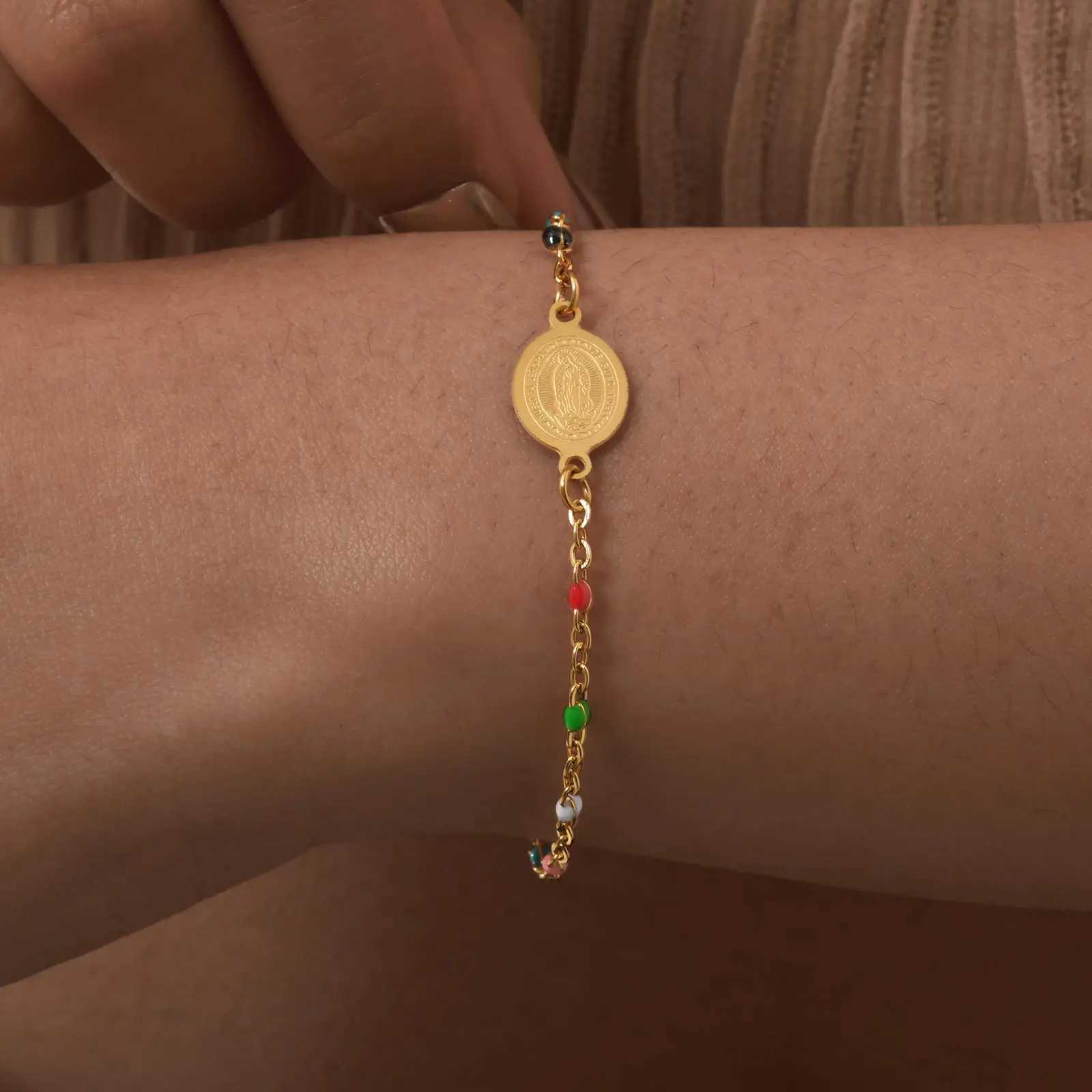 Bohemian Colored Bead Chains Virgin Bracelets for Women Gold Color Stainless Steel Bracelets Holy Christian Jewelry Gift XJ250707
