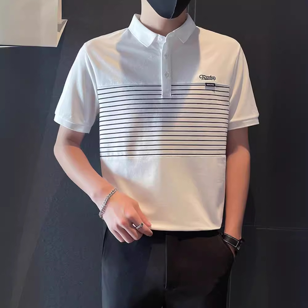 Short Sleeve Men's Polo Shirt Trendy Brand Summer New Striped Patchwork Turn-down Collar T-shirt Stylish Versatile Half Sleeve Designer Short Sle