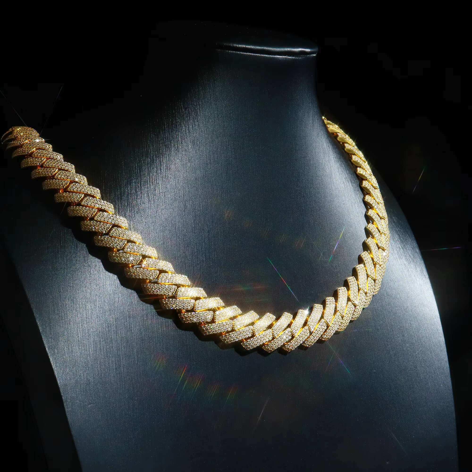 Trend Hiphop Jewelry Custom Luxury Length 15mm Gold Plated 3 Row Round VVS D1 Moissanite Diamond Cuban Link Chain Necklace