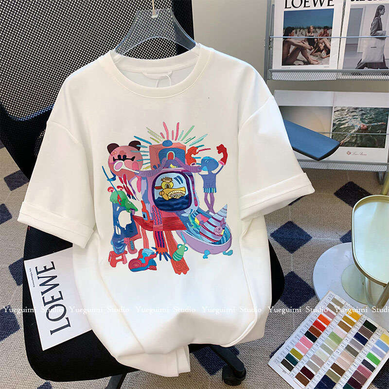 Summer New Fashion Versatile Short Sleeve Women's Cartoon Print T-Shirt Pure Cotton White Layered Inner Wear Korean Style Top B5