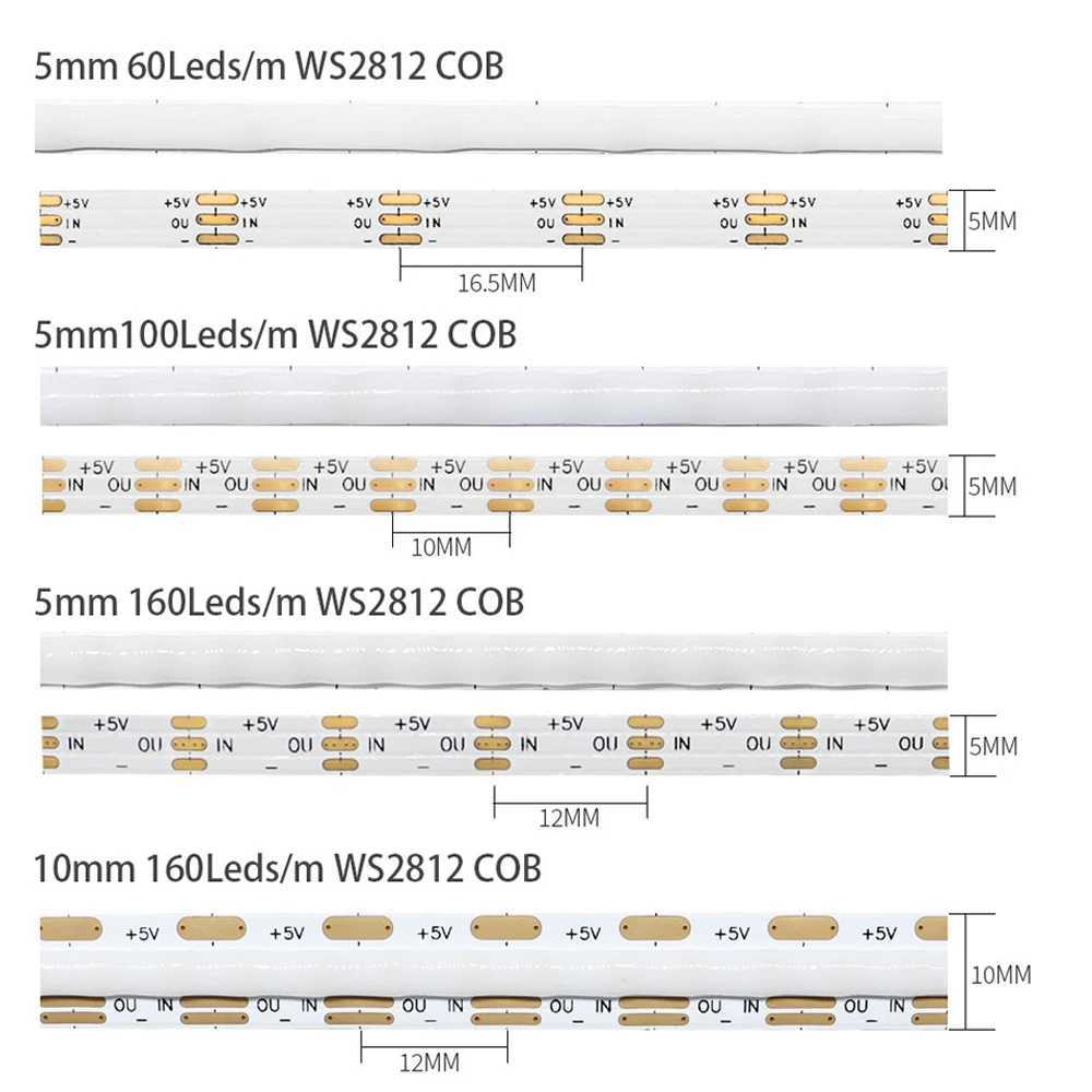 WS2812B Individually Addressable COB LED Strip 60 100 160Led/M High Density Flexible 5mm/10mm WS2812 RGBIC COB Light DC5V W250701