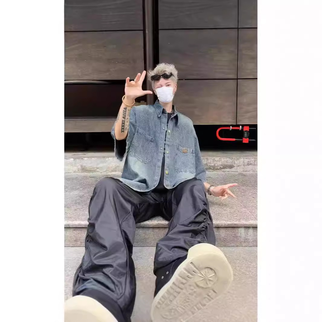 American Retro Japanese Washed Denim Designer Short Sleeves Shirt For Men High-end Summer Loose Casual Distressed Short Sleeve Versatile Jacket