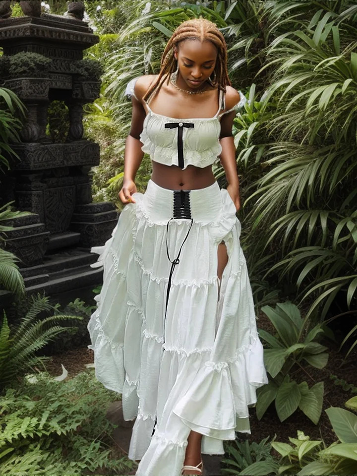 2Piece Set Women Y2K Sweet Weird Puss Slash Neck Patchwork Lace Bow Crop Tops High Split Bandage Skirts Matching Vacation Suits w250704