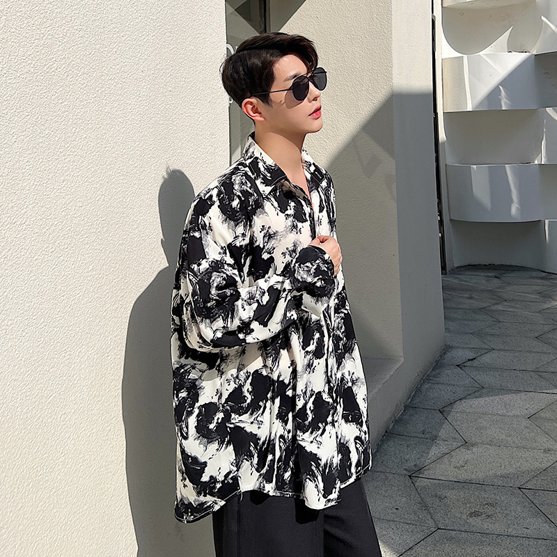Summer Designer Short Sleeves Retro Ink Painting Print Flowy Shirt Men Long Sleeve Korean Version Loose Cool High-end Shirt Hairstylist