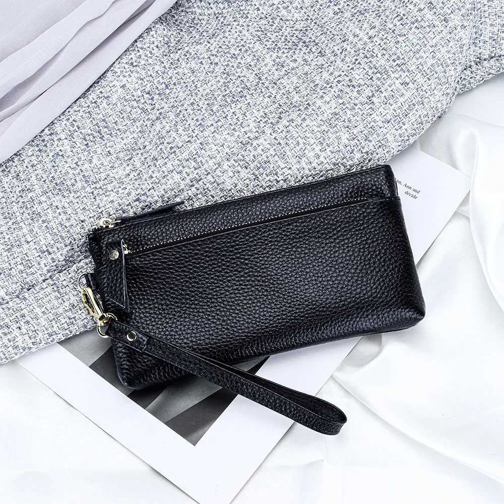 100% Genuine Leather Clutch Bag Portable Storage Bag Casual Purse with Zipper Wristlet Wallets for Women Large Capacity Cell Phone Bag Y250707