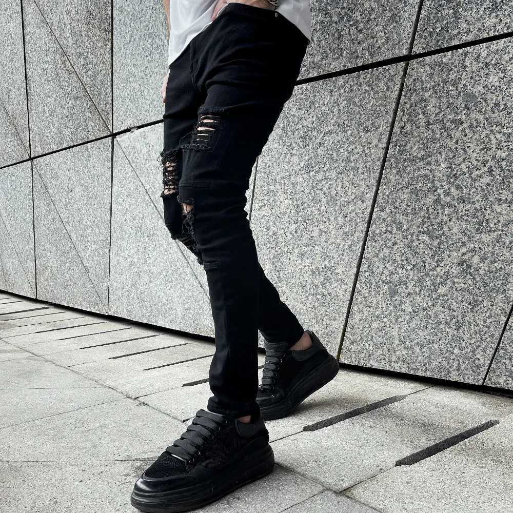 Men New High street Hip hop Style Ripped Skinny Pencil Jeans Men Stylish Slim Holes Casual Denim PantsXJ250707