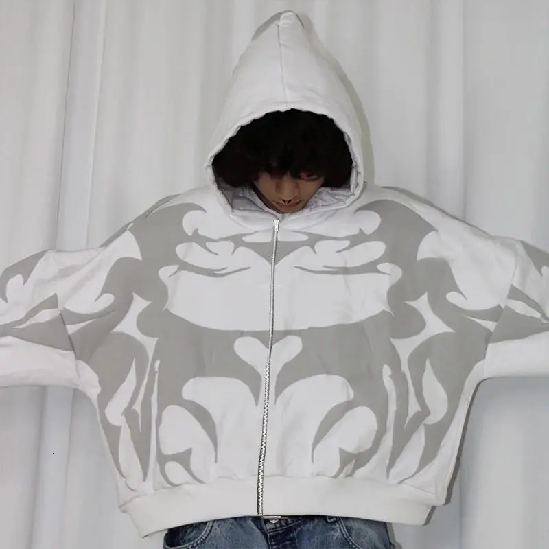 American Street Personalized Foam Printed Hoodie Y2K Retro Trendy Zipper Hoodie Men Hip hop Gothic Harajuku Loose Sweatshirt 250707