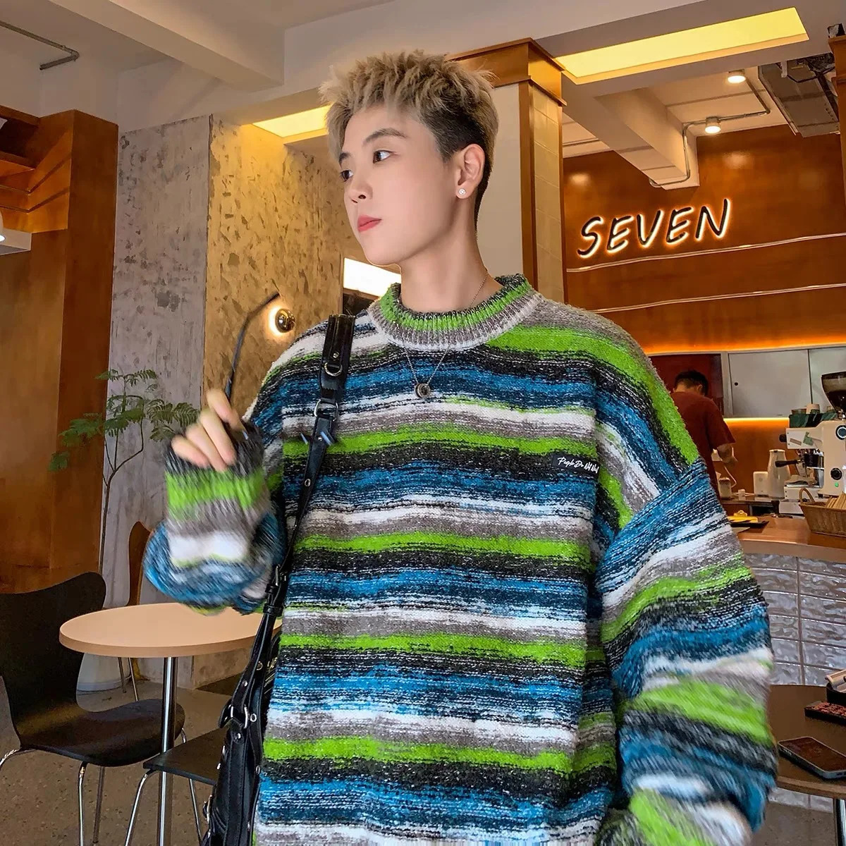 American Sle Rainbow Stripes Mens Knitted Sweater Round Neck Base Layer Top Casual Loose Fit Long Sleeve Autumn Winter 250703