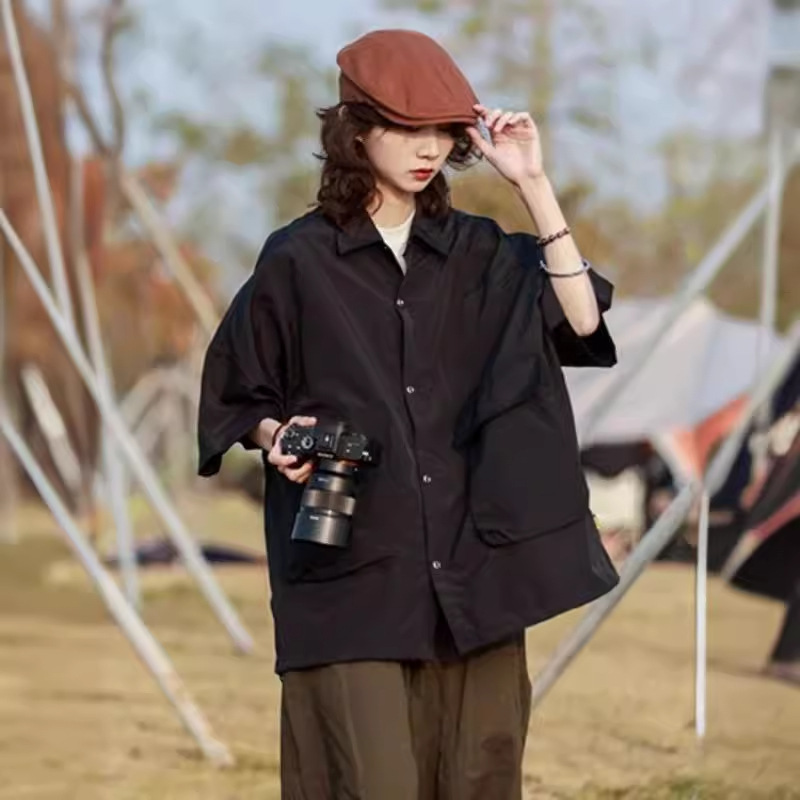 Japanese Style National Trend Multi-pocket Designer Short Sleeves Shirt 2025 Short Sleeve Casual Versatile Loose Couple Commuting Unisex Jacket Summer