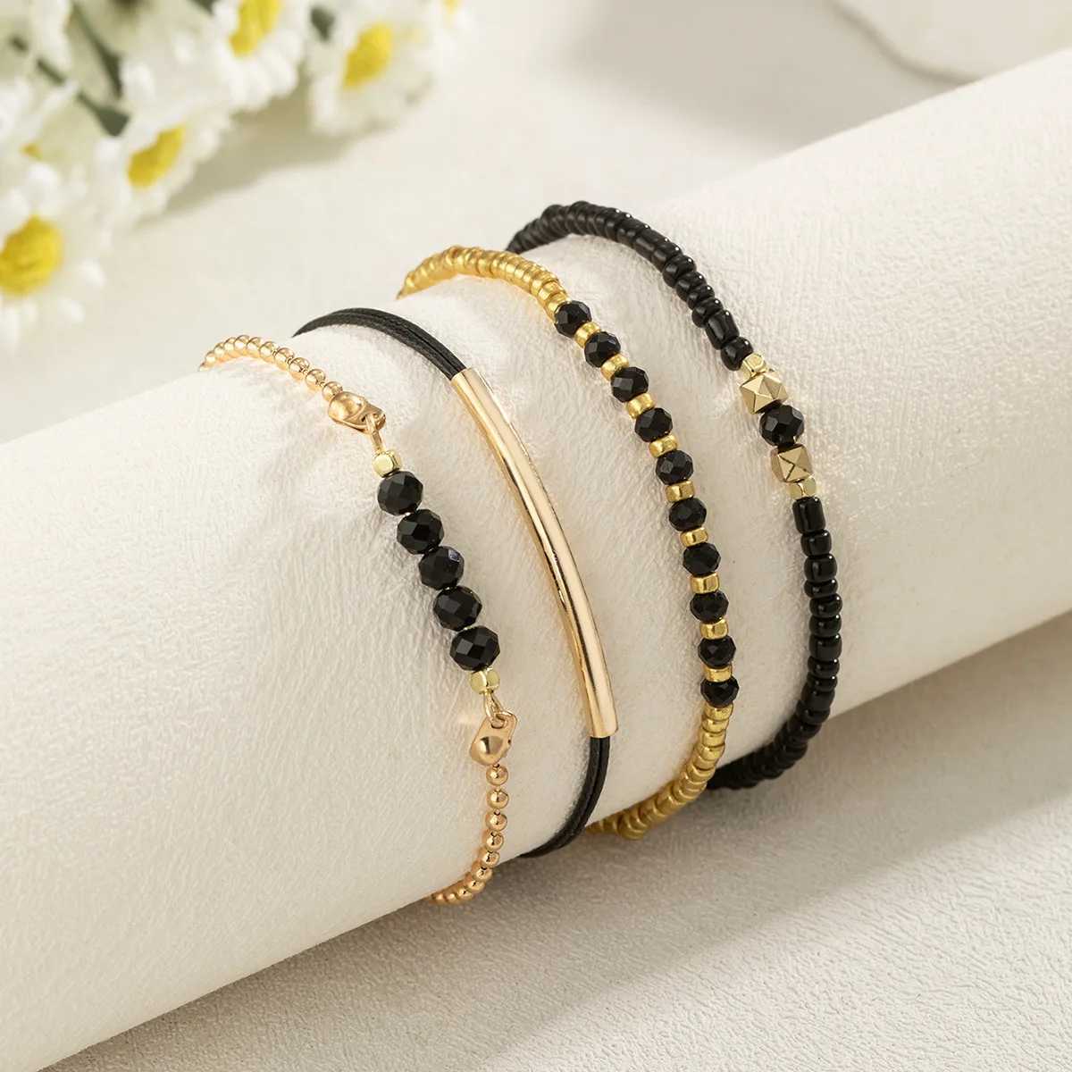 Handmade Black Glass Stone Bracelet Set for Women Simple Braided Rope Beads Chain Bangle Female Fashion Jewelry Accessories XJ250707