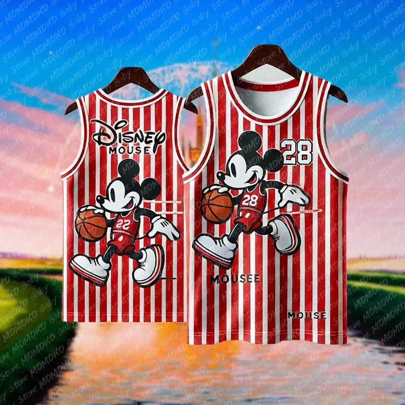 Disney New Disney Mickey Mouse Print Basketball Jersey Summer Childrens Outdoor Sports Clothing Kids Adults Breathable Sleeveless Vest W250707