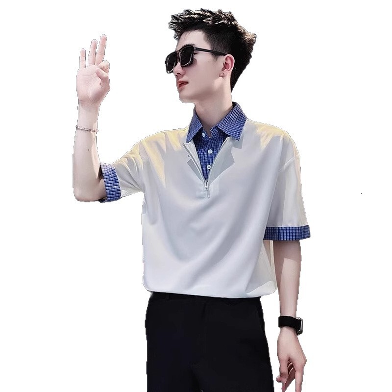 High-end Fake Designer Short Sleeves Two-piece Polo Shirt Men's Short-sleeved T-shirt 2025 New Summer Ice Silk Three-quarter Sleeve V-neck Shirt 