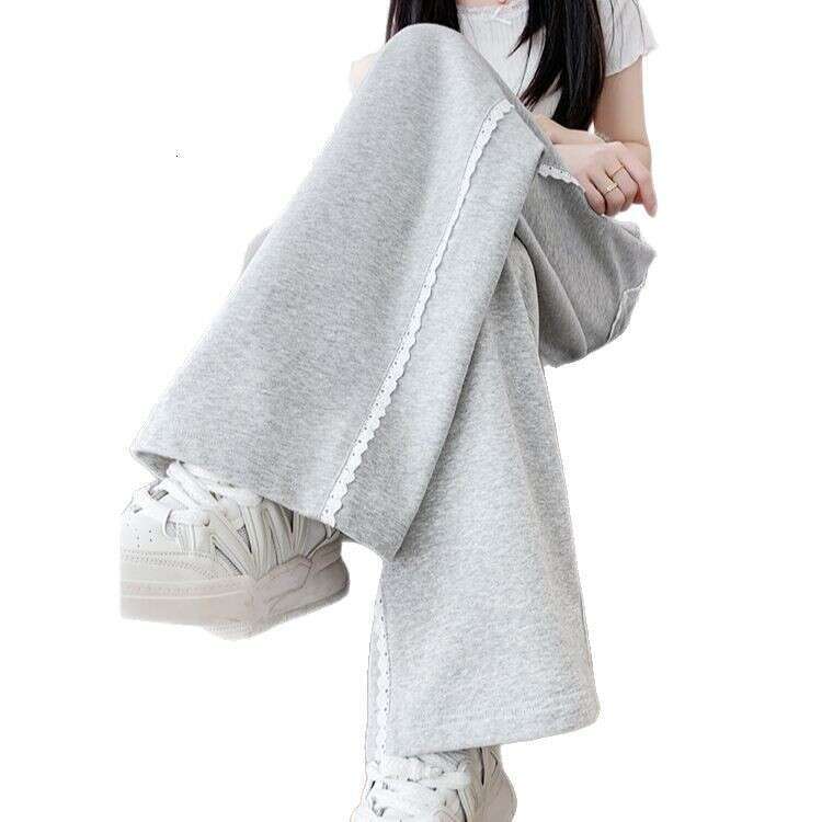 Wind Lace Trim Sweatpants For Women, Spring And Autumn Loose Wide-Leg Straight Pants, High Street Sweatpants, Dance Pants B5