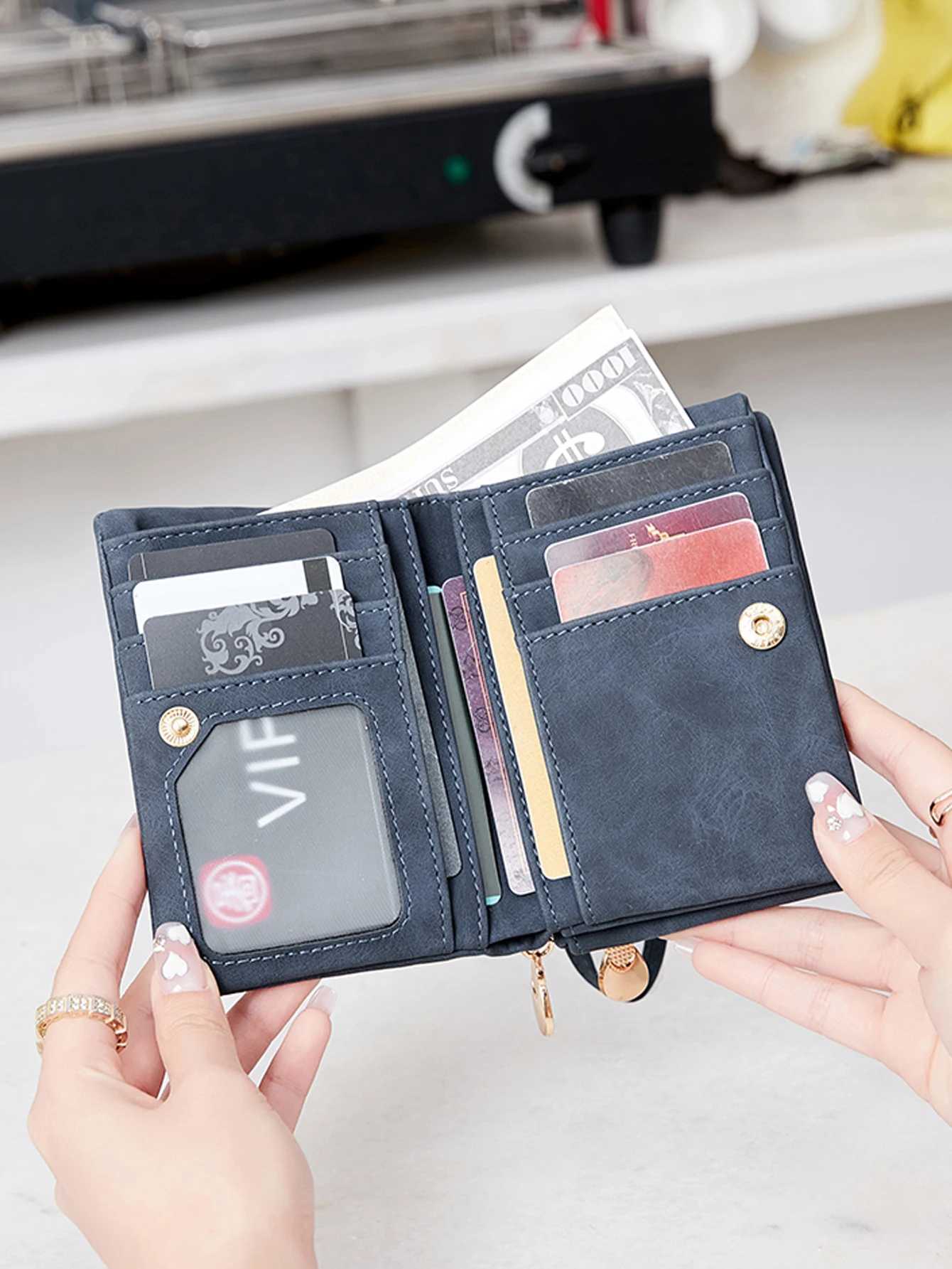 double fold PU leather short wallet with zipper coin pocket mtiple card slots and wrist band casual portable card clip Y250707