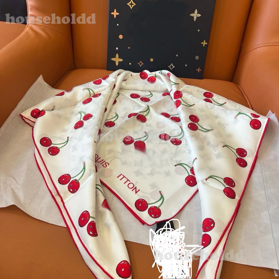 Luxury Square Satin Silk Scarf Women's Designer Cute Fruit Cherry Pattern Shawls and Wraps Fashion Small Bag Scarves Hair Tie Bandanas 90*90cm