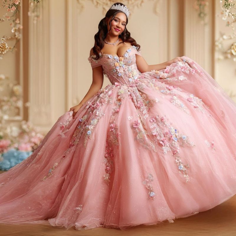 Pink Shiny Quinceanera Dresses Ball Gown Off Shoulder Appliques Flower Beading Tull Corset Sweet 16 Dress Vestidos 15 De Anos