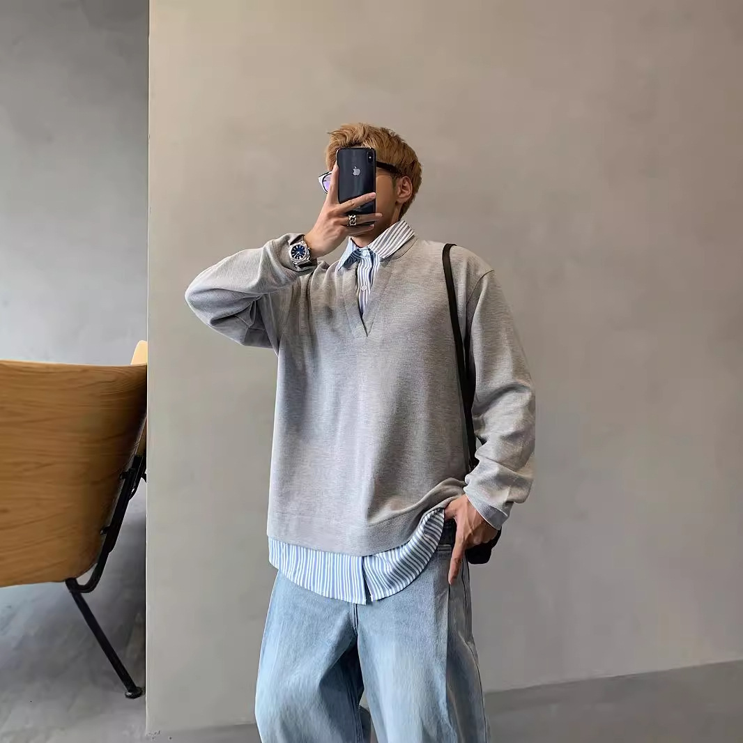 2025 Designer Short Sleeves Spring Autumn Winter Design Fake Two-piece Shirt Striped Shirt Unisex Patchwork Loose Long Sleeve T-shirt Base Layer