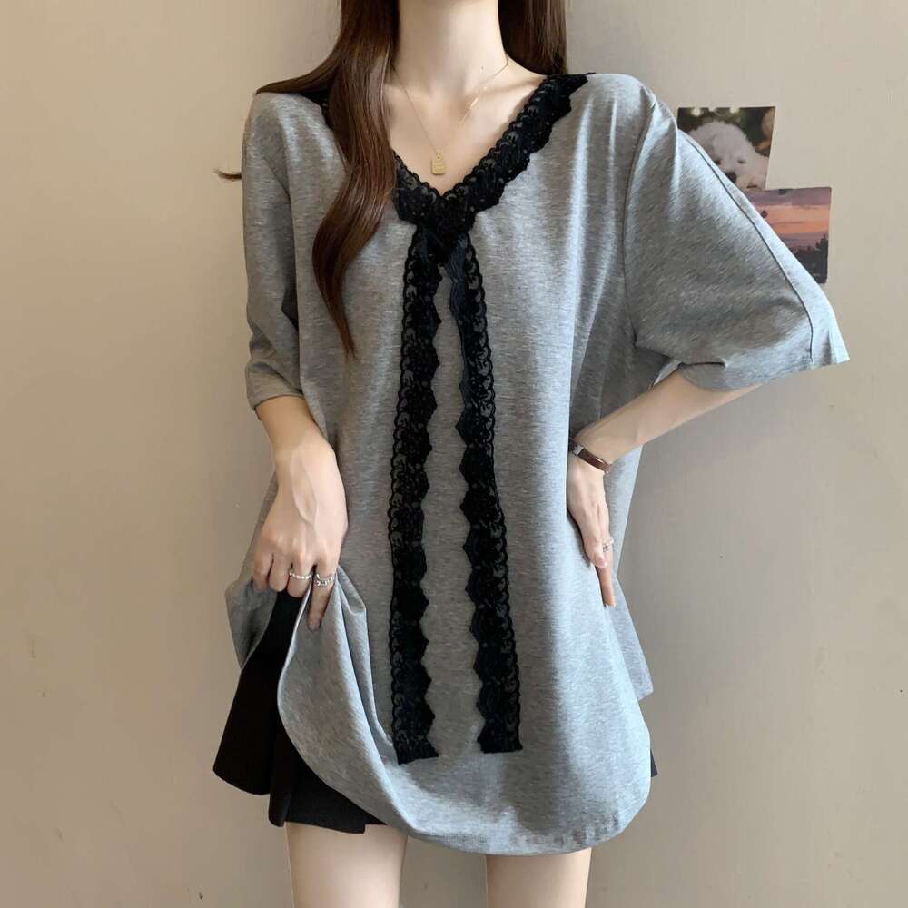 Plus Size French Lace Trim V-Neck Sweatshirt Short Women Summer New Loose Casual Half Sleeve Mid-Length Top B5