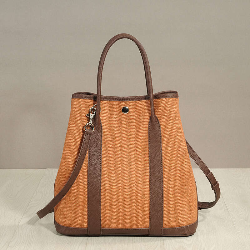 Leather Bag Bucket Bag New Style Linen Cotton Fabric With Top Layer Cowhide Garden Genuine Leather Handbag Fashion Large Capacity Tote Bag For Women T