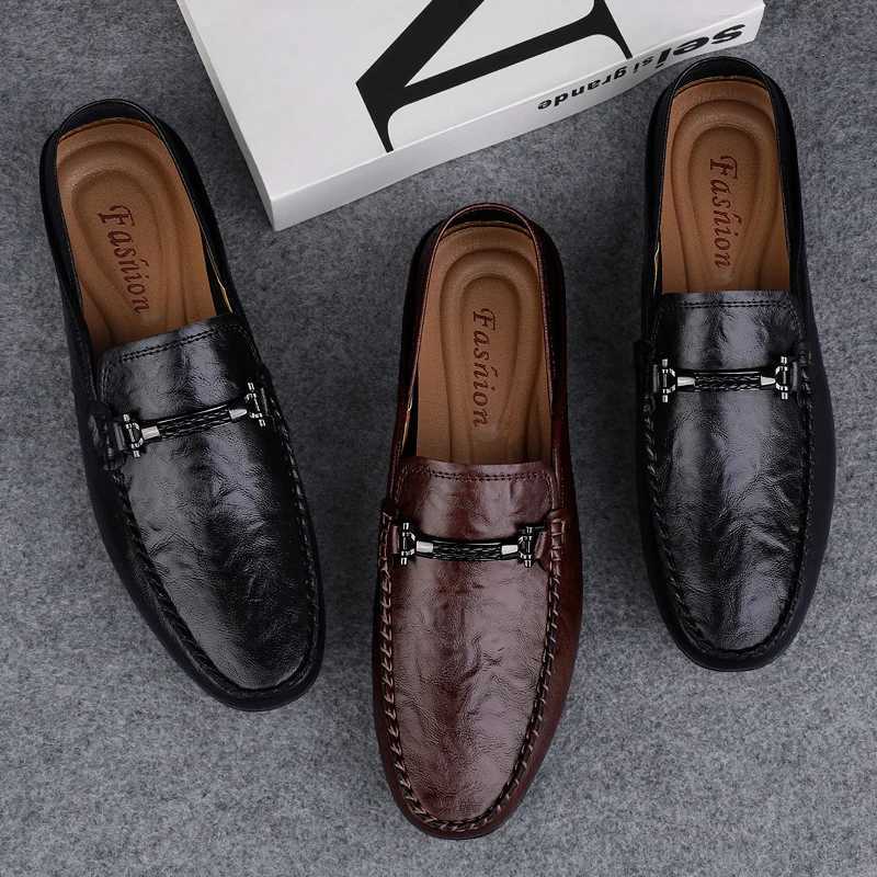 New Summer Punching Breathable Quality Men Dual Purpose Leather Shoes and Slippers Fion Casual Sizes 35-49 Loafers Y250707