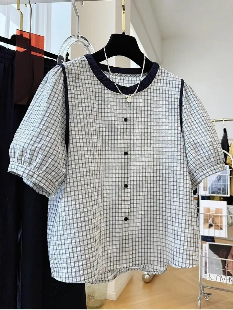 Womens Y2K Short Sleeve Plaid Button Down Shirt Blouses Tops Casual Summer 90s Streetwear w250704