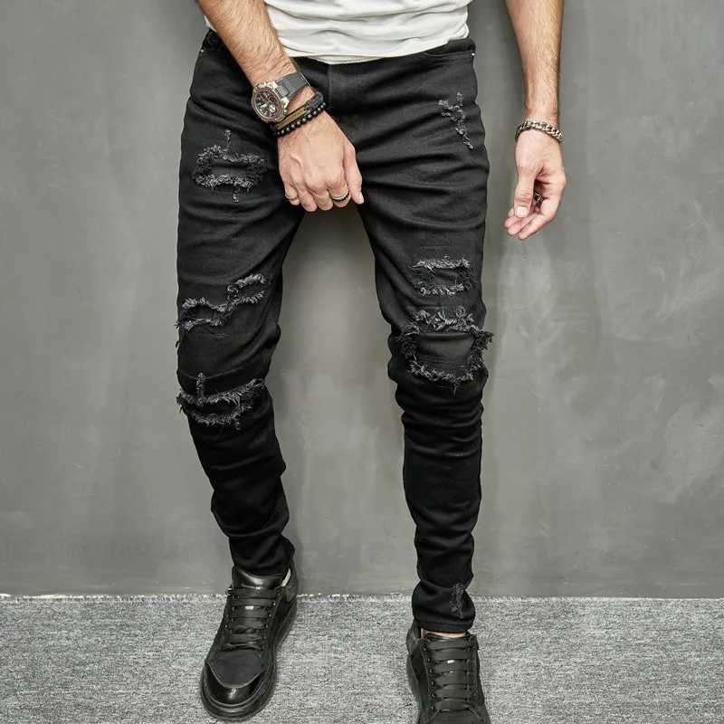 Men Holes Patch Skinny Stretch Pencil Jeans Pants High Street Stylish HipHop Mens Ripped Slim Denim Trousers XJ250707