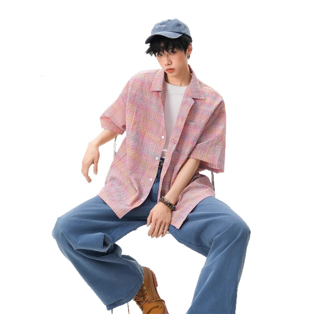 American Style Plaid Bubble Designer Short Sleeves Gauze Short Sleeve T-shirt For Men And Women, Summer Thin Design Sense Half Sleeve Loose Quick-dry 