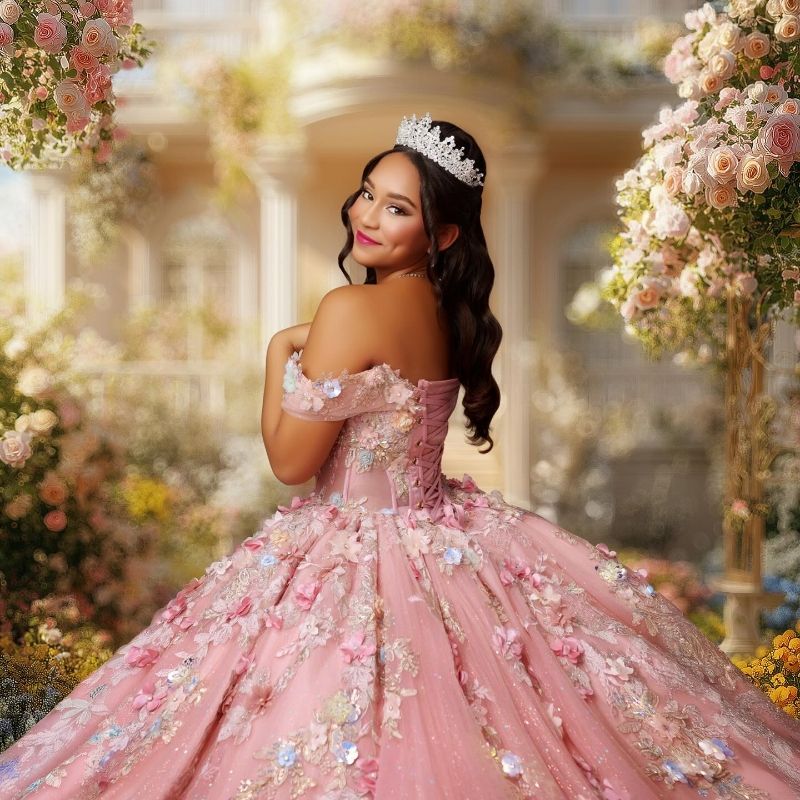Pink Shiny Quinceanera Dresses Ball Gown Off Shoulder Appliques Flower Beading Tull Corset Sweet 16 Dress Vestidos 15 De Anos