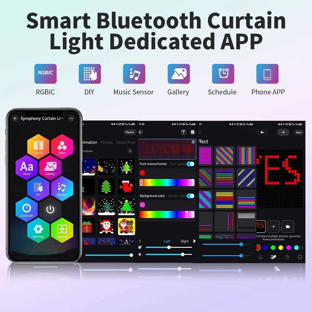 Smart Curtain Lights Bluetooth App Control RGBIC LED String Waterproof Fairy Light USB DIY Text Pattern Display Party Room Decor W250701