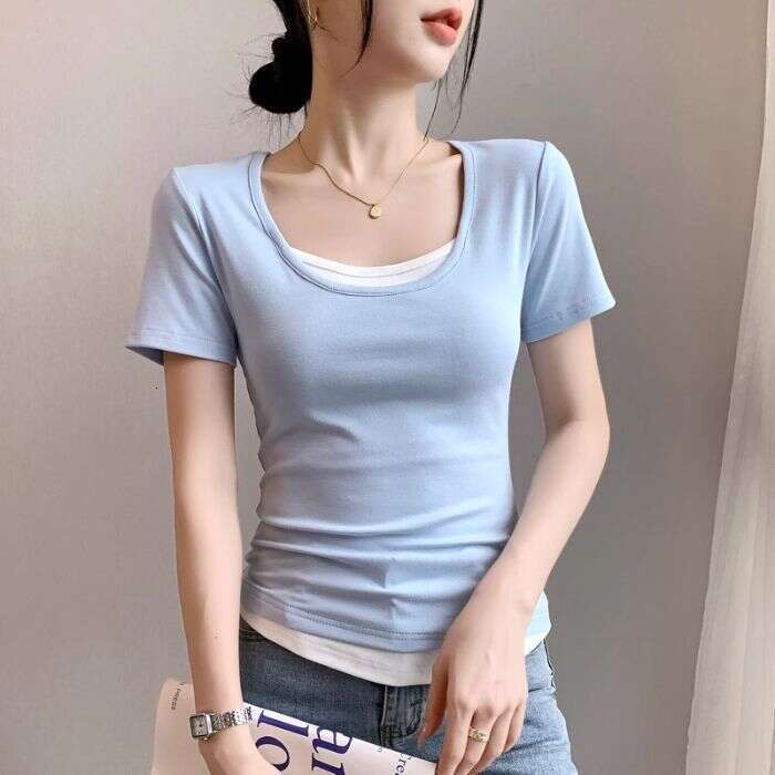 Fake Two-Piece Color-Block Regular Shoulder Short Sleeve T-Shirt For Women Summer New Design Slim Fit U-Neck Base Shirt B5