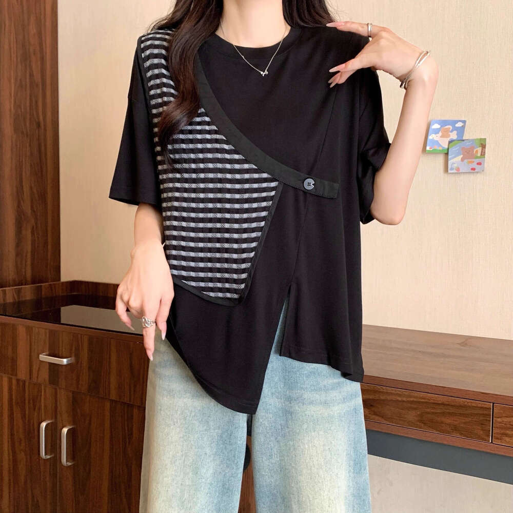 100% Cotton Plus Size Irregular Plaid Patchwork Regular Shoulder Short Sleeve T-Shirt For Women Summer New Loose Slimming Covering Top B5