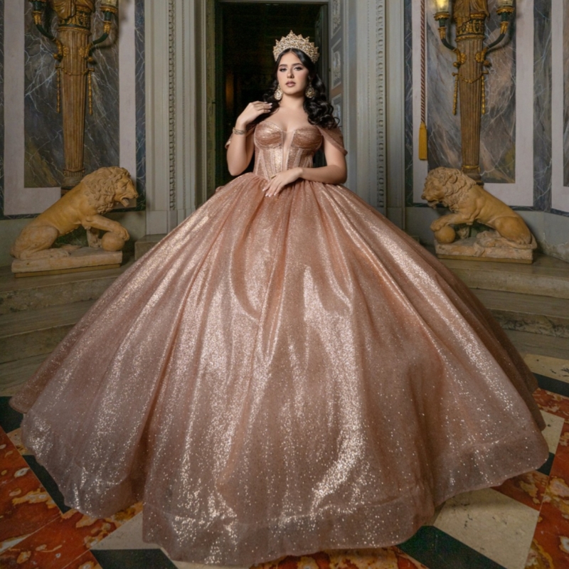 Rose Gold Shiny Quinceanera Dresses Ball Gown Off The Shoulder Beading Crystal Bow Tull Corset Party Birthday Sweet 16 Dress Vestidos De 15 Anos