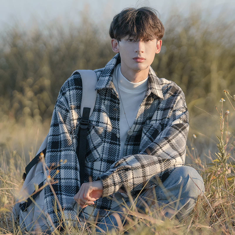 Woolen Plaid Lapel Jacket Men Hong Kong Style City Boy Shirt Jacket Spring Autumn Loose Designer Short Sleeves Versatile Youthful Shirt