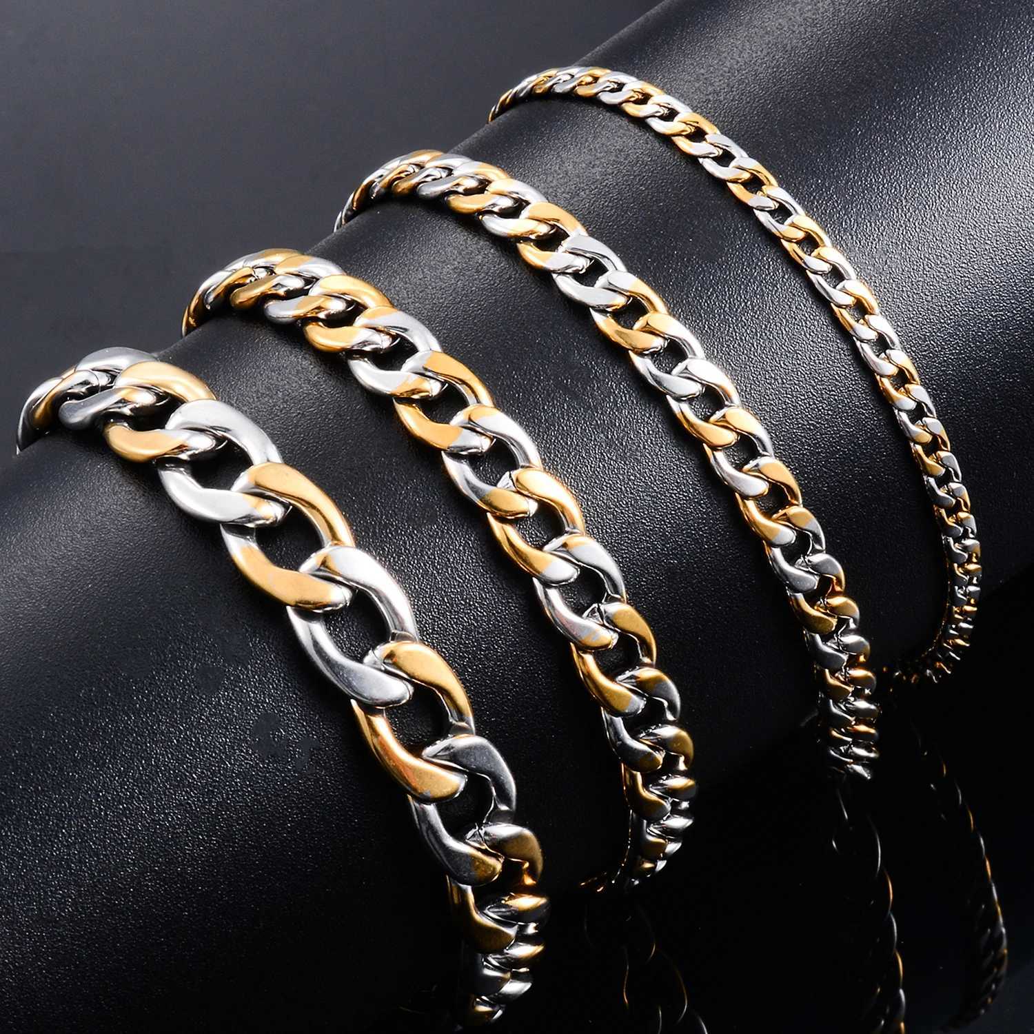 1pc Stainless Steel Cuban Link Chain Mens Bracelet Silver and Gold Color For Punk Men Women Fashion Jewelry XJ250707