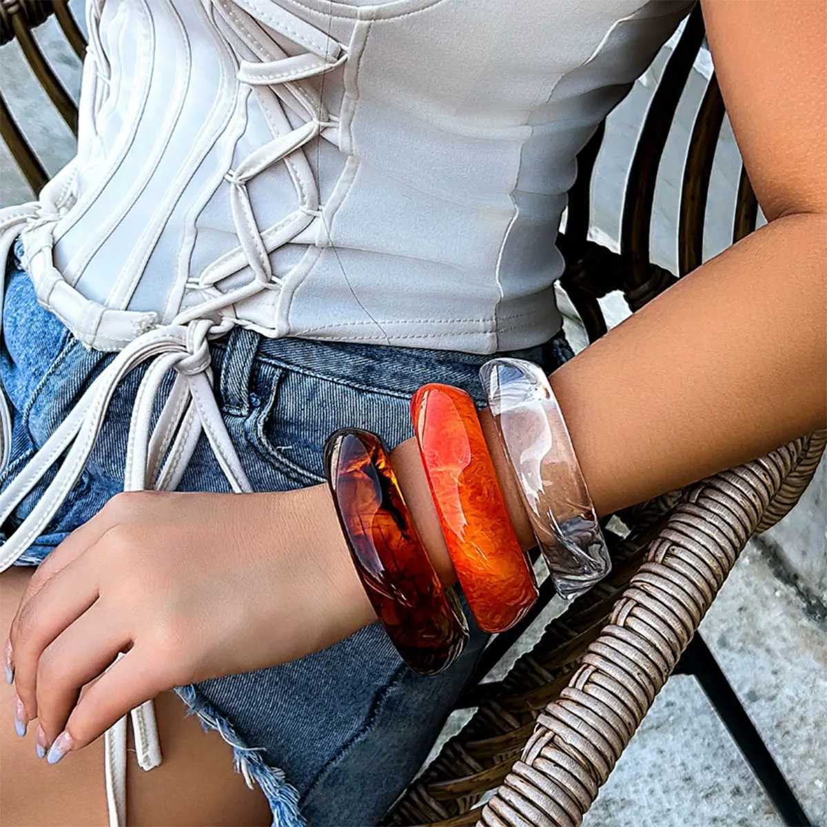 KMVEXO Vintage Punk Brown Coffee Thick Resin Acrylic Bangles Geometric Irregular Wide Cuff Bangle Bracelet For Women Men Jewelry XJ250707