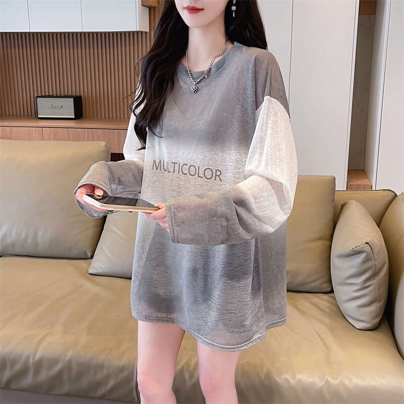 Summer New Ice Thin Round Neck T-Shirt For Women Gradient Color Loose Versatile Sun Protection Nano Silk Breathable Jacket B5