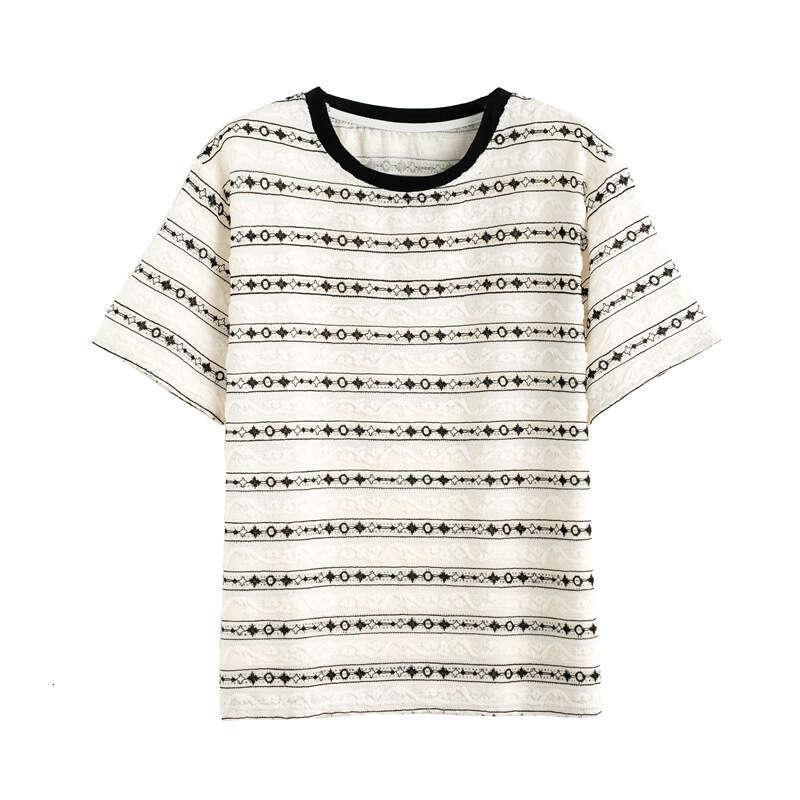 Striped Round Neck T-Shirt For Women Summer New Korean Style Loose Slimming Mid-Length Short Sleeve Plus Size Women's Clothing B5