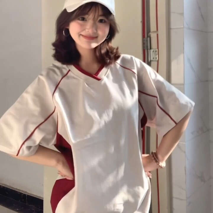 American Style Color Block V-Neck Short T-Shirt For Women Summer Striped High-End Half Sleeve Top Trendy Brand B5