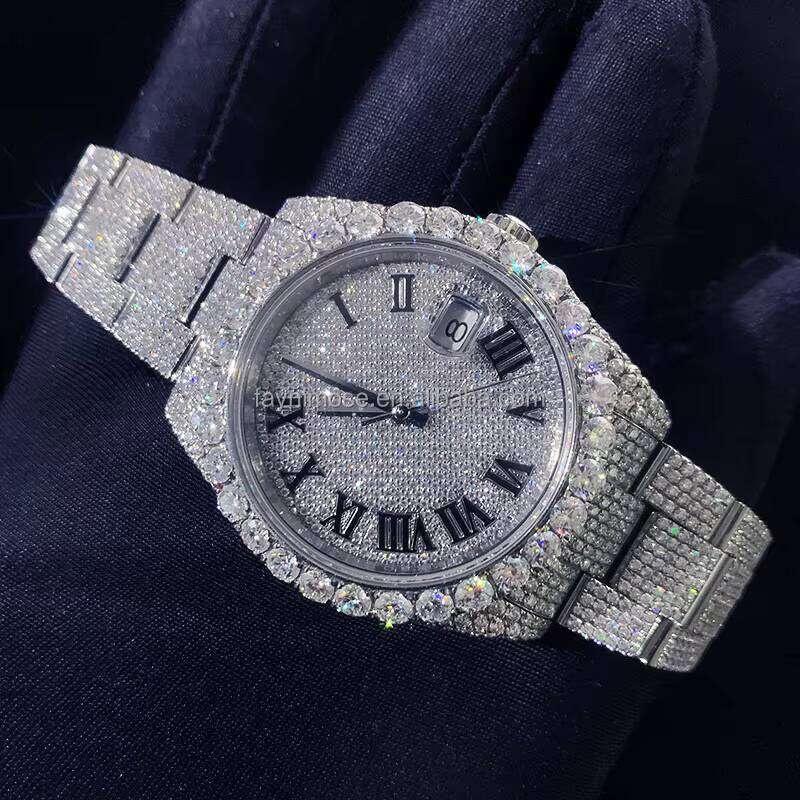 High End Quality Lab Dia Black Vvs Iced Out Bling Hip Hop Cubic Zirconia Mechanical Moissanite Watch For Men Party Gift