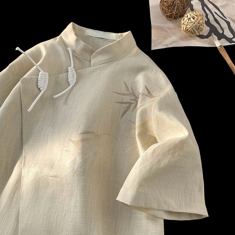 New Chinese Style Designer Short Sleeves Short Sleeve Shirt For Men 2025 Summer New Tree Branch Print National Trend Design Loose Top Jacket