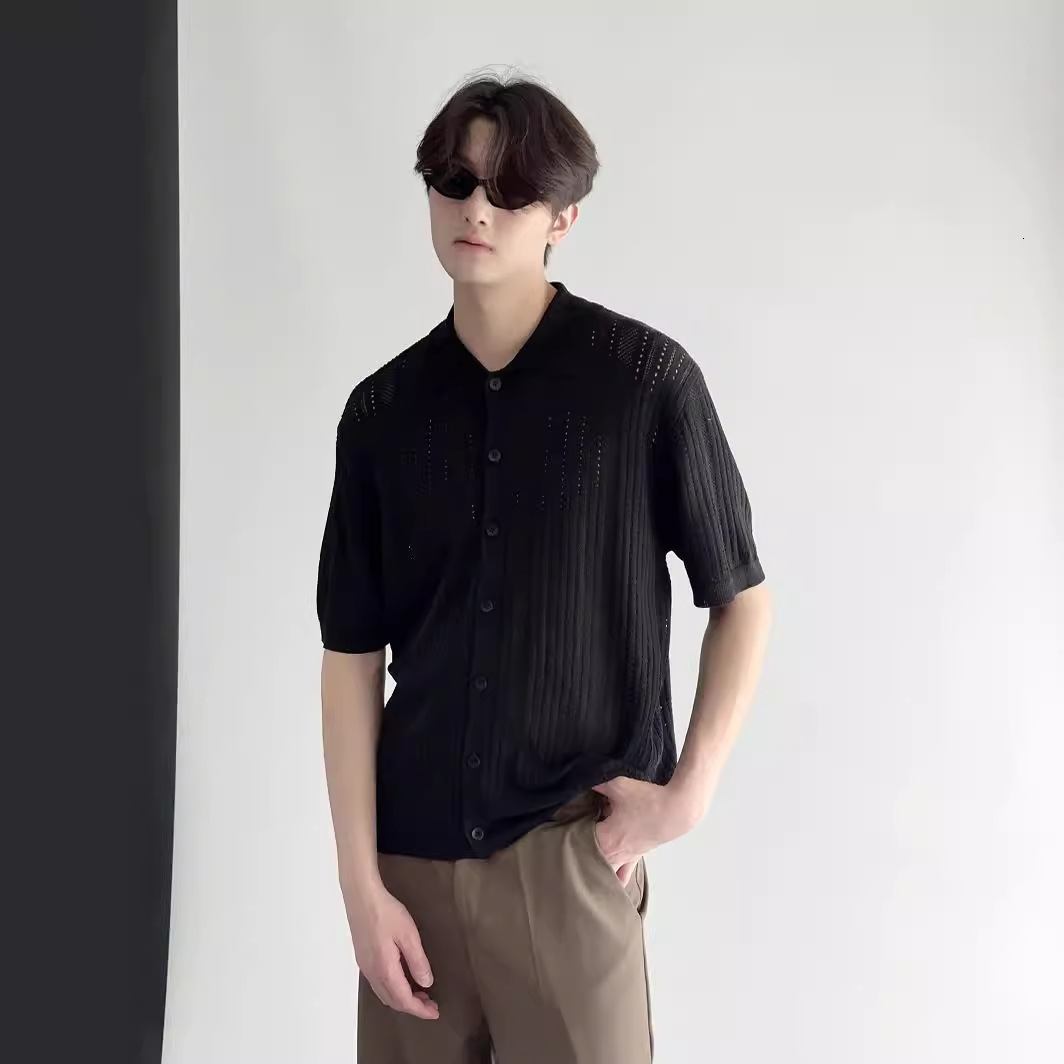 Hong Kong Style Retro Hollow Out Turn-down Collar Short Sleeve Men's Knitted Shirt Fashionable Lace Breathable Shirt Cardigan Designer Sleeves T-
